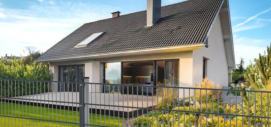 Doppelstabmattenzaun vor Einfamilienhaus an der Grundstücksgrenze